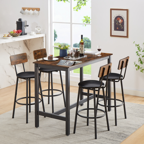 Bar Table Set with 4 Bar stools PU Soft seat with backrest, Rustic Brown, 47.24'' L x 23.62'' W x 35.43'' H