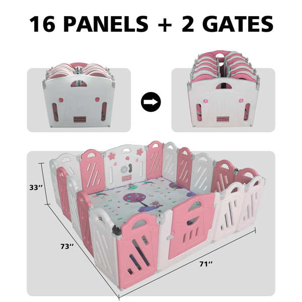 16+2 Panel Baby Playpen, Foldable Playard for Baby and Kids, Adjustable Shape Play Fence with Safety Lock Gate (Pink+White,16+2 Panel)