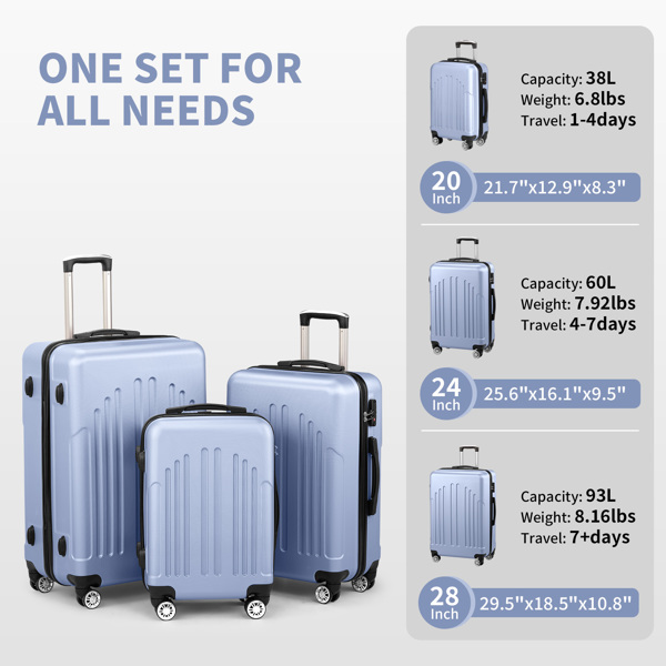 Luggage Set of 3, ABS+PC Hardside Suitcase Sets with TSA Lock 4 Spinner Wheels, Lightweight Trolley Travel Case for Carry On Check-in Business Trip, 20" 24" 28"