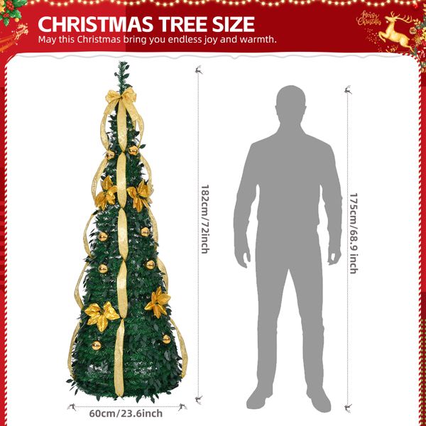 6 FT Fully Decorated Pre-lit Christmas Tree, Pop Up Artificial Xmas Tree with 80 Warm Lights Battery Operated and Golden & Silver Ornaments for Home Office Store Holiday Deco