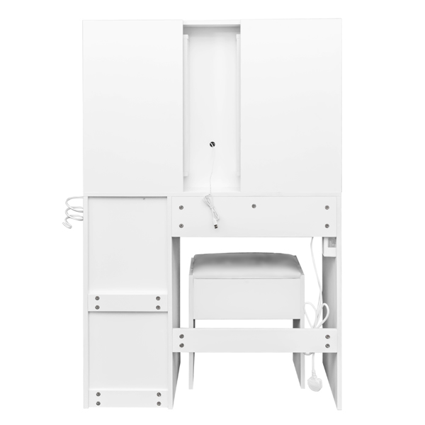 White hemp surface particle board with triamine 4 drawers 2 side push-pull storage rack 1 LED touch mirror dressing table set with power strip and hair dryer holder