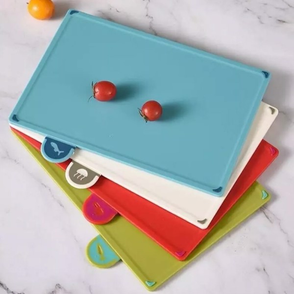 ​​​COLOURED 4X CHOPPING BOARD SET NON-SLIP INDEX CUTTING BOARD WITH STAND ZENO