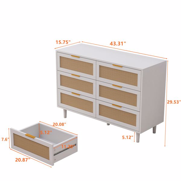 43.31"6-Drawers Rattan Storage Cabinet Rattan Drawer,for Bedroom,Living Room,White