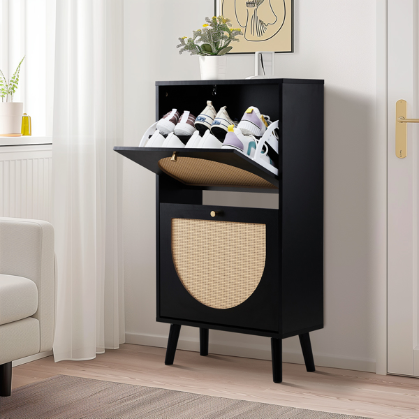 FCH 2 dump buckets with high feet round rattan shoe cabinet particle board + plastic rattan 54*24*98cm black frame + original wood rattan surface + gold high feet