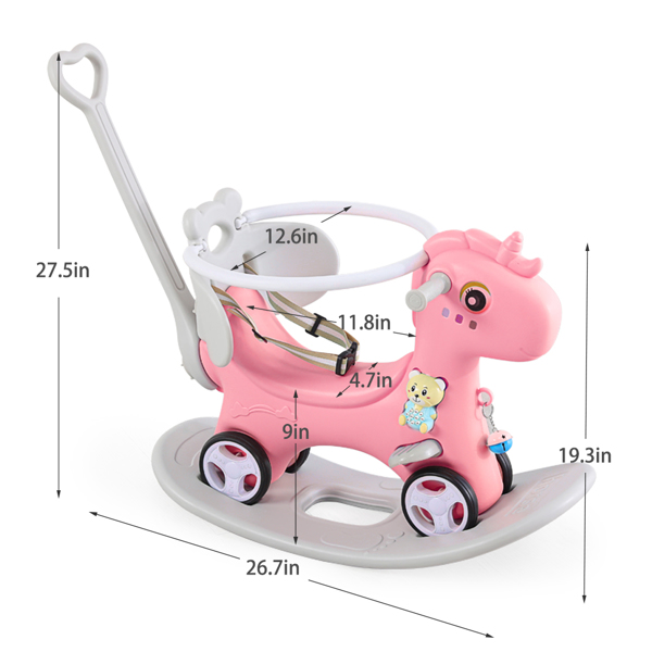 Rocking Horse for Toddlers, Balance Bike Ride On Toys with Push Handle, Backrest and Balance Board for Baby Girl and Boy, Unicorn Kids Riding Birthday, PINK