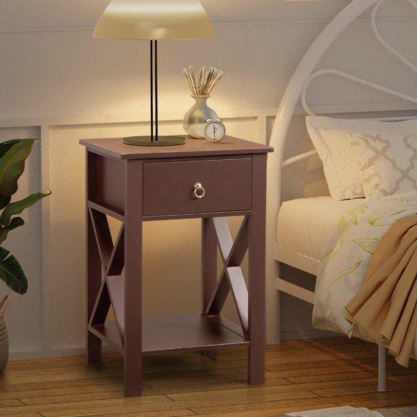 Side Intersection Style Bedside Table Coffee Table with Two-layer Drawer Brown