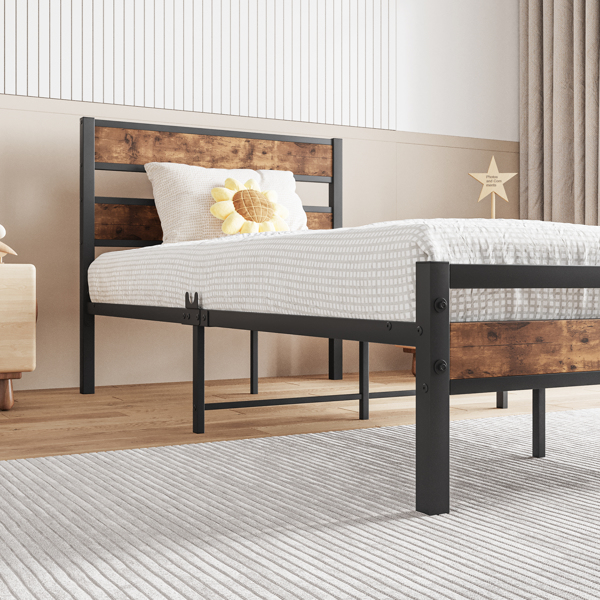 Twin Size Platform Bed Frame with Rustic Vintage Wood Headboard, Strong Metal Slats Support, No Box Spring Needed