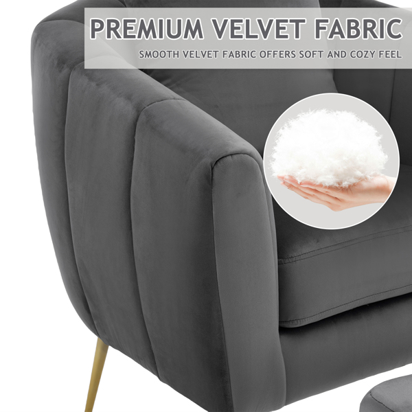 Velvet Accent Chair Set Barrel Chair with Ottoman Modern Club Chair Reading Armchair with Lumbar Pillow for Living Room, Bedroom, Study Room, Home Office Gray