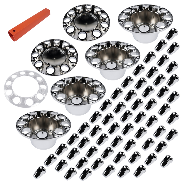 Chrome Hub Caps Kit Front & Rear w/33mm Lug Nut for Semi Truck Wheel Axle Covers