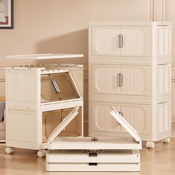 Cream White,19.69" Side Wide Folding Storage Cabinet ,4 Tiers,19.69"×11.81"×40.55",Collapsible Storage Bins with Magnetic Door, Plastic Storage Cabinet with Wheels