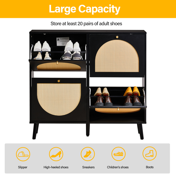 FCH 2 rows of 4 dump buckets with high feet round rattan shoe cabinet particle board + plastic rattan 105*24*98cm black frame + original wood rattan surface + black high feet