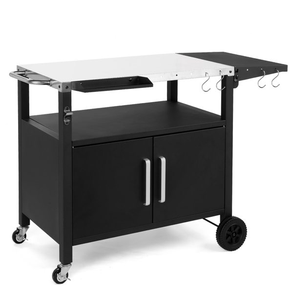 Outdoor Grill Cart with Storage, Rolling Bar Cart Movable Kitchen Island for BBQ, Patio Dining Cart Table for Food Prep with Wheels Hooks Foldable Top