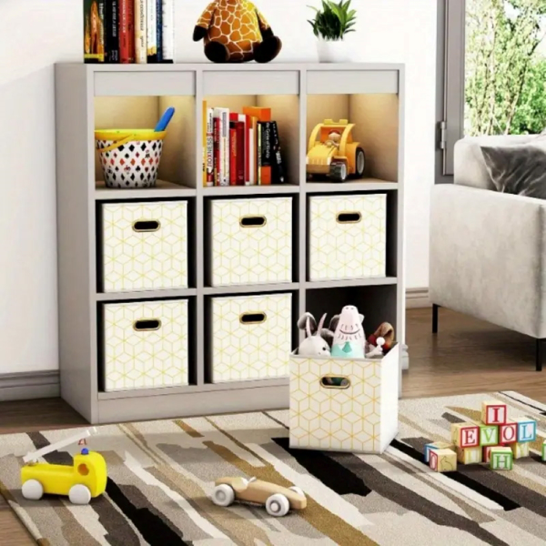 Fabric storage cube storage box, 6-piece set, strong polyester fabric, particleboard side, buckle front handle, stackable and foldable, classic design