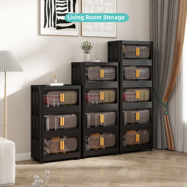 Black,19.69" Side Wide Folding Storage Cabinet ,3 Tiers,19.69"×11.81"×31.10",Collapsible Storage Bins with Magnetic Door, Plastic Storage Cabinet with Wheels