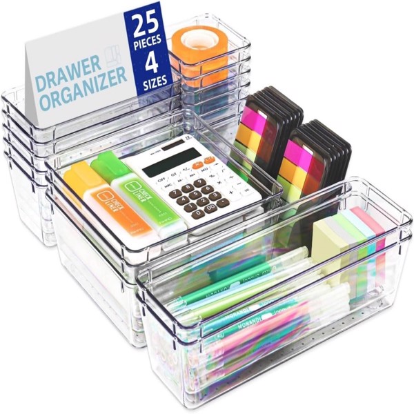 25Pcs Draw Organiser Plastic Box Desk Drawer Fridge Trays Makeup Storage Divider