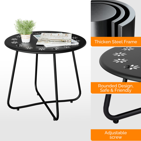 Outdoor Side Table with Flower Cut Outs, Weather Resistant Steel Patio Side Table, Round Outdoor End Table for Patio Yard Balcony Garden, Black