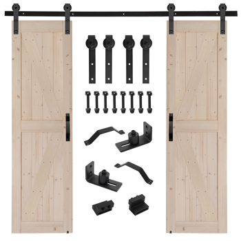 48 in. x 84 in. Unfinished Sliding Double Barn Door with 8FT Barn Door Hardware Kit & Handle ，K Frame，Solid Spruce Wood，Requires Simple DIY Assembly