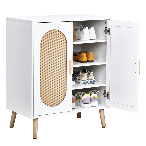 FCH 2-door vertical shoe cabinet particle board + plastic rattan white frame + original wood rattan surface + gold high feet