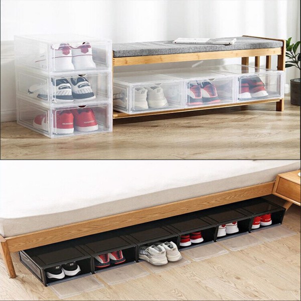 6 Pack Transparent Shoe Storage Boxes Hard Plastic Stackable Shoe Box Organiser