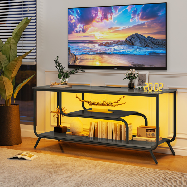 TV Stand with Power Outlets and LED Lights - TV Stand for TVs up to 55 Inch, Entertainment Center with Shelves, Modern TV Console Table for Living Room & Bedroom, Light Gray