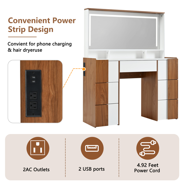 44.4" Elegant Vanity Table with Large Lighted Mirror & Power Outlet, Dressing Table with 7 Drawers & Shelves, Vanity Desk with Brown Solid Wood-style Stickers