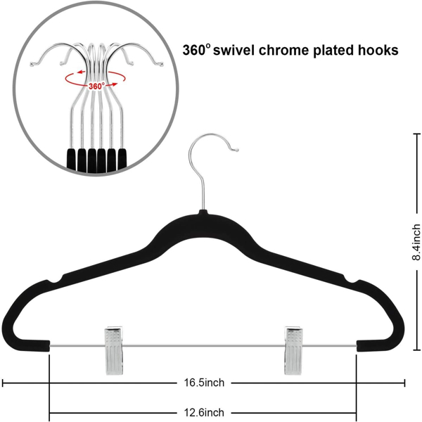 30PCS Black Velvet Hangers, with Adjustable Clips, 16.7-inch Long Velvet Hangers, Adjustable Clips, Heavy Duty, Non-slip Dress Hangers, Space Saving Pants, Skirts, Coats, Dresses