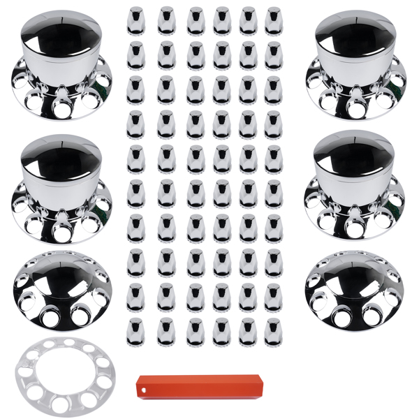 Chrome Hub Caps Kit Front & Rear w/33mm Lug Nut for Semi Truck Wheel Axle Covers