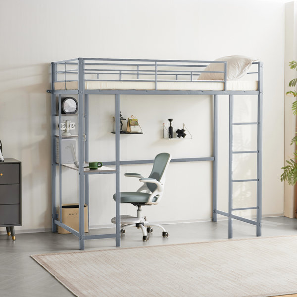 Twin Size Metal Loft Bed with Desk and Storage Shelves, 2 Built-in Ladders & Guardrails, Loft Bed Frame for Teens Juniors Adults, Noise Free, No Box Spring Needed, Grey