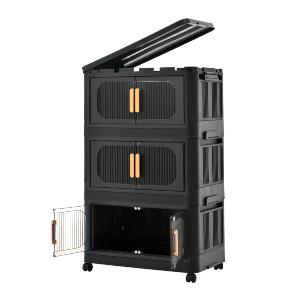 Black,19.69" Side Wide Folding Storage Cabinet ,3 Tiers,19.69"×11.81"×31.10",Collapsible Storage Bins with Magnetic Door, Plastic Storage Cabinet with Wheels