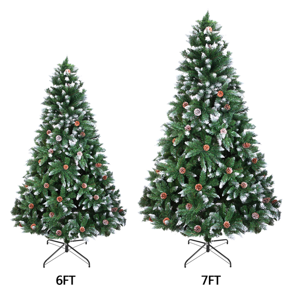 6 FT Artificial Snow Tipped Christmas Tree with DIY 100 Warm Lights Battery Operated, Hinged Xmas Pine Tree with 920 Branch Tips and 52 Pine Cones for Holiday Party Office Home, Green & Snow Tipped