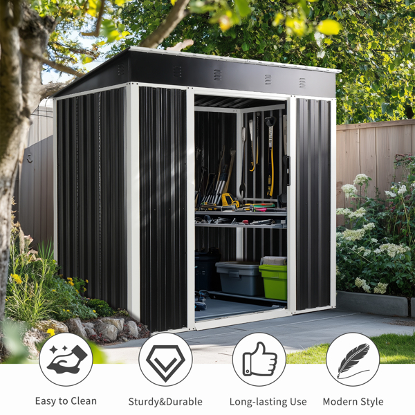 6 x 4 FT Outdoor Storage Shed, Metal Garden Storage House with Slanted Roof & Double Sliding Doors for Backyard Outdoor Patio, Black