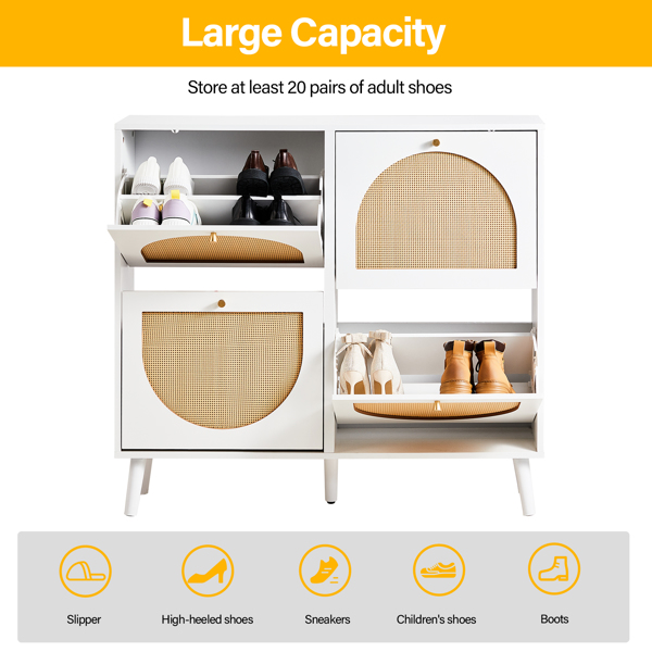 FCH 2 rows of 4 dump buckets with high feet round rattan shoe cabinet particle board + plastic rattan 105*24*98cm white frame + original wood rattan surface + gold high feet