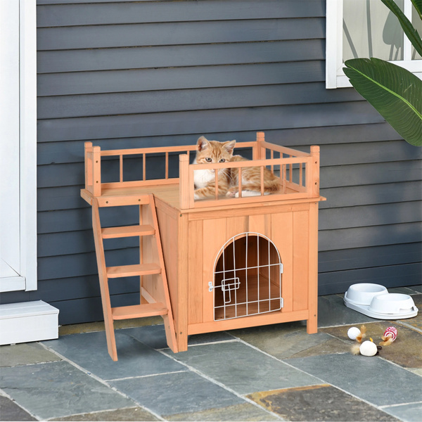  Natural Wood 2-Level Wooden Cat House with Lockable Wire Door