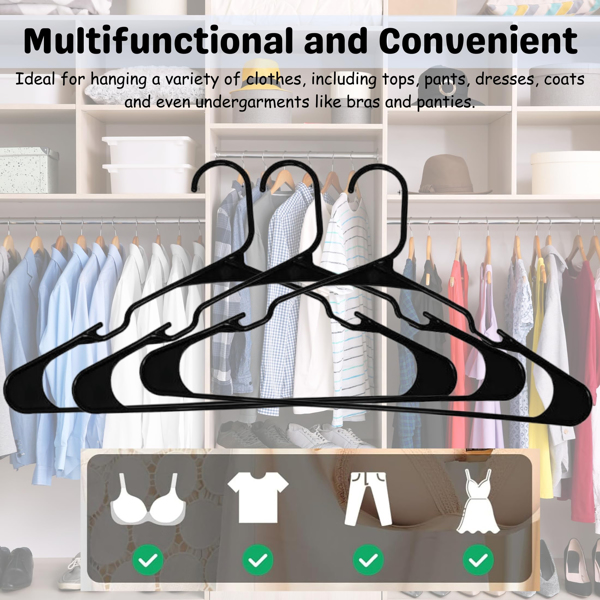 Plastic Hangers - Black. 60PCS Adult clothing hangers. Space-saving, non-slip, durable. With cutouts for closet organization. Suitable for slim coat hangers too. 16.5×9.3 in