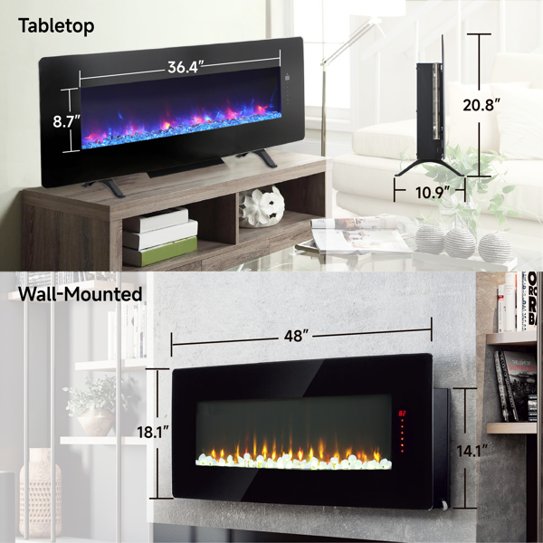 48 inch Curved Front Wall Mounted Electric Fireplace with remote and multi color flame & emberbed