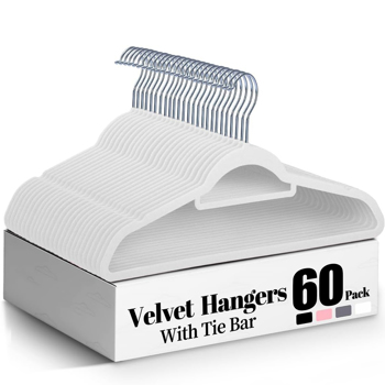 White Velvet Hangers, 60 Pieces, Space Saving Hangers, Non-slip Felt Hangers with Tie Clips, Shoulder Recesses, Heavy Duty Suit Hangers for Coats, Shirts, Pants