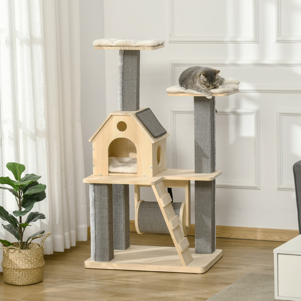 Cat Tree for Indoor Cats with Pillow-Covered Perches, Spinning Toy, Modern Climbing Activity Cat Tower with Scratching Posts, Cat Condo, Ladder, Natural