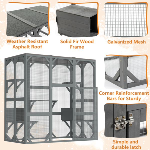 Outdoor Cat House Wooden Catio Enclosure w/Cover- Large Cat Cage with Jump Platforms and Condos, Weatherproof, Grey, 71(L)*37(W)*71(H)