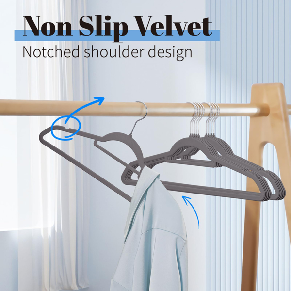 Velvet Hangers, 60 Pieces, Space Saving Hangers, Non-slip Felt Hangers with Tie Clips, Shoulder Recesses, Heavy Duty Suit Hangers for Coats, Shirts, Pants and Dresses Grey