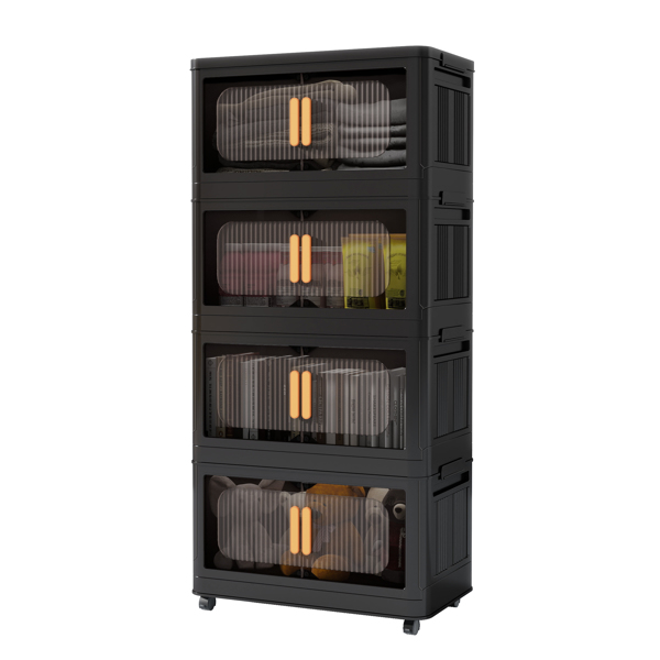 Black,19.69" Side Wide Folding Storage Cabinet ,4 Tiers,19.69"×11.81"×40.55",Collapsible Storage Bins with Magnetic Door, Plastic Storage Cabinet with Wheels