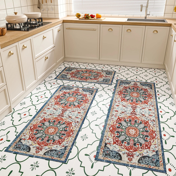 Kitchen Rugs Sets 3 Piece with Runner Non Slip Kitchen Mats for Floor Washable Bohemian Runner Rug Kitchen Floor Mat Carpet for Hallway Laundry Room Door Office Sink