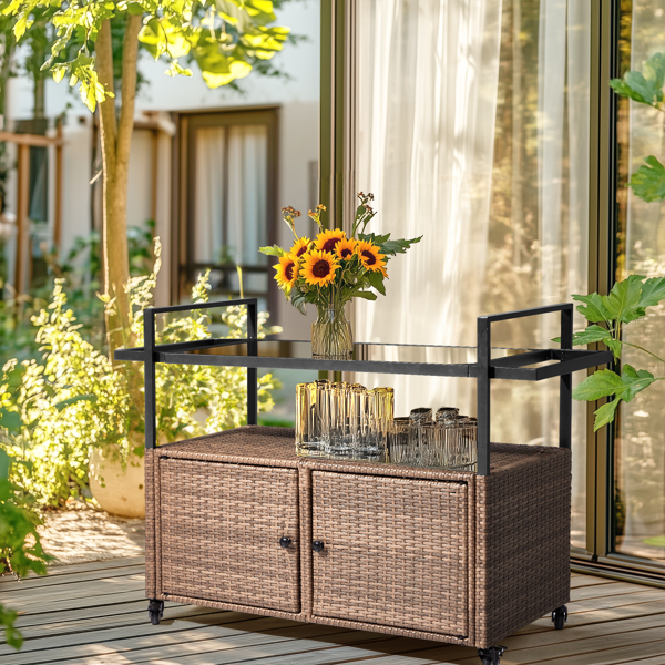 Outdoor Bar Cart Table, Large Wicker Island Rolling Cart, Wheeled Buffet Serving Cart with Glass Top & Storage Cabinet & Handles for Porch Backyard Garden Poolside, Light Brown