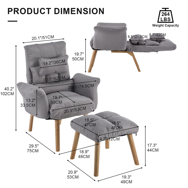 Accent Chair with Ottoman, Linen Fabric, PP Cotton Filled, Solid Wood Legs