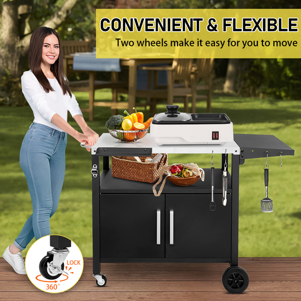 Outdoor Grill Cart with Storage, Rolling Bar Cart Movable Kitchen Island for BBQ, Patio Dining Cart Table for Food Prep with Wheels Hooks Foldable Top