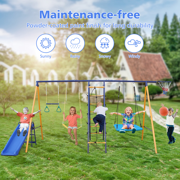 500 lbs 7 in 1 Swing Set for Kids Backyard Outdoor A-Frame Heavy-Duty Metal Swing Sets with Slide, 2 Swing Seats, 1 Climbing Net & Ladder, 1 Gym Ring, 1 Basket