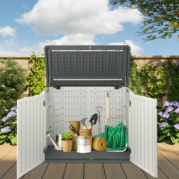  Outdoor Storage Shed, 34 Cu Ft Horizontal Outdoor Storage Cabinet, Lockable Outdoor Storage Box for Garbage Cans, Lawn Mower and Tools, Grey & White