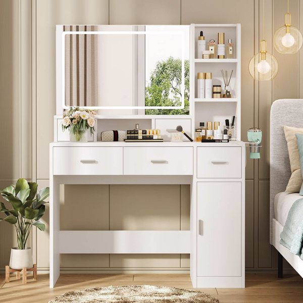 Desk With Mirror And Lights, White Makeup Vanity With Adjustable LED Mirror, Small Vanity Table With Charging Station & Storage