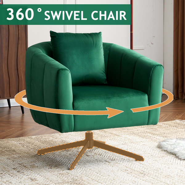 360° Swivel Accent Chair, Modern Velvet Fabric Living Room Armchair, Comfy Wide Upholstered with Fluffy Cushion and Metal Legs, Barrel Chairs for Living Room, Lounge, Office Green