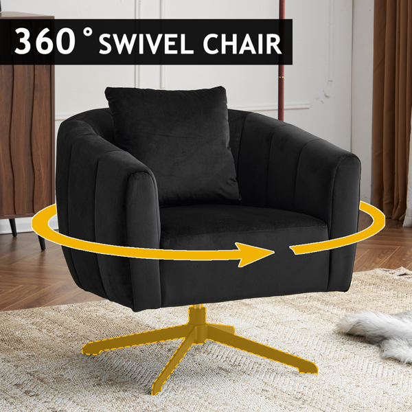 360° Swivel Accent Chair, Modern Velvet Fabric Living Room Armchair, Comfy Wide Upholstered with Fluffy Cushion and Metal Legs, Barrel Chairs for Living Room, Lounge, Office Black