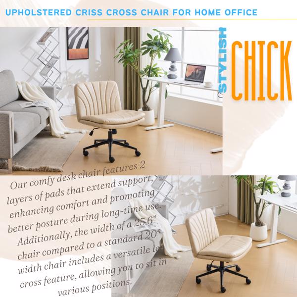 Criss Cross Chair with Wheels & pegs,Dual-Base Wide Armless Comfy Desk Chair Cross Legged,Adjustable Swivel Modern Vanity Chair,Computer Rolling Chair for Home Office,Makeup,Waxed PU,Lvory White